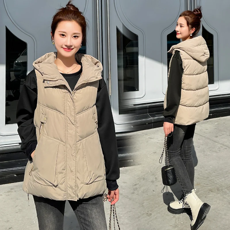 Women's Winter Vest with Stand Collar Pockets, Sleeveless Jacket, Casual Loose Waistcoat, Monochromatic, Female, 2024