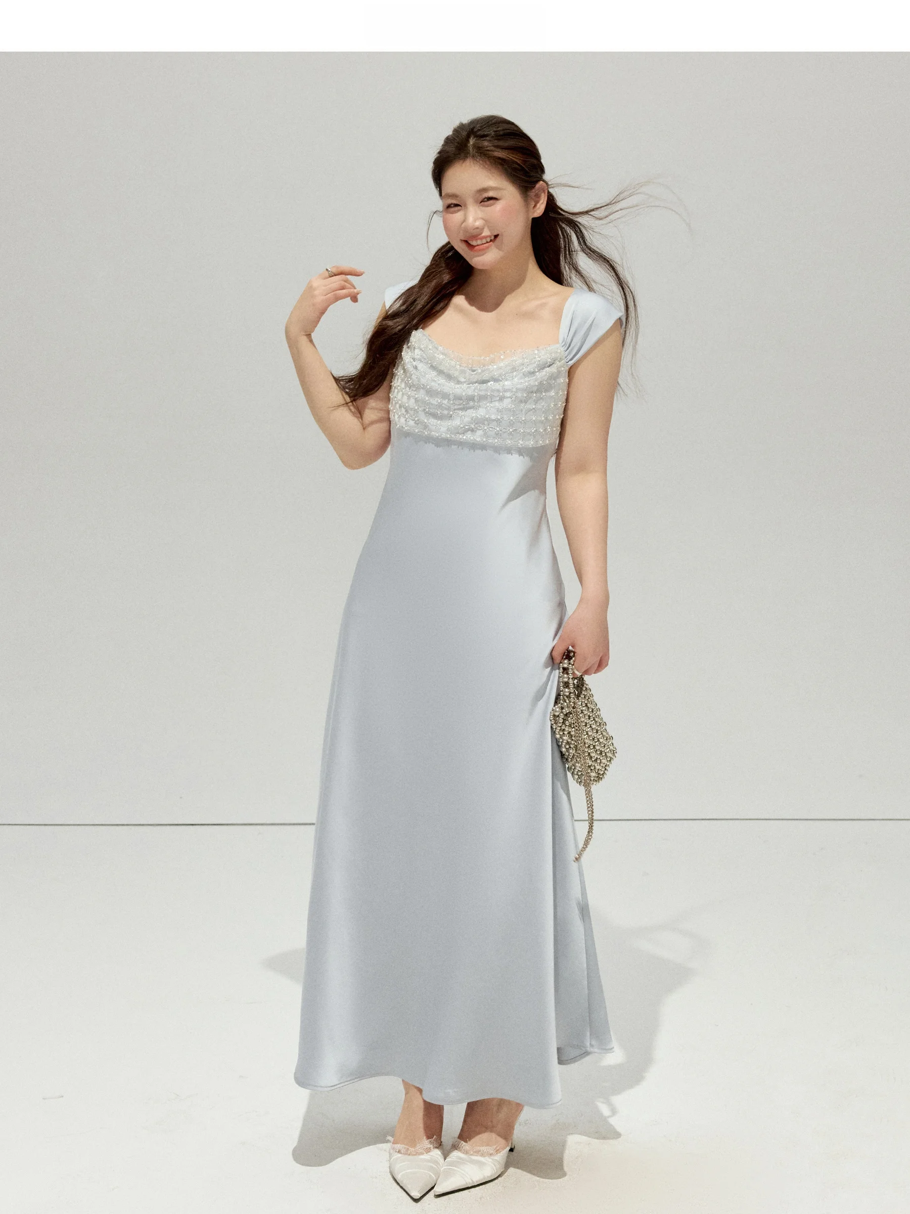 

JULULOOK Studio Large Size Satin Wrap Waist Long Dress Pearl Embellished A-Line French Style Dress for plus Size Women