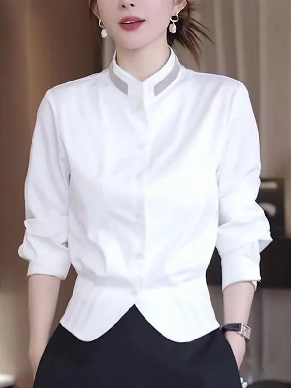 

Ele White irt Women's Autumn 2025 New Sle Slimming Stand Collar Waist-Cinching Casual Top Age-Defng Faion Design