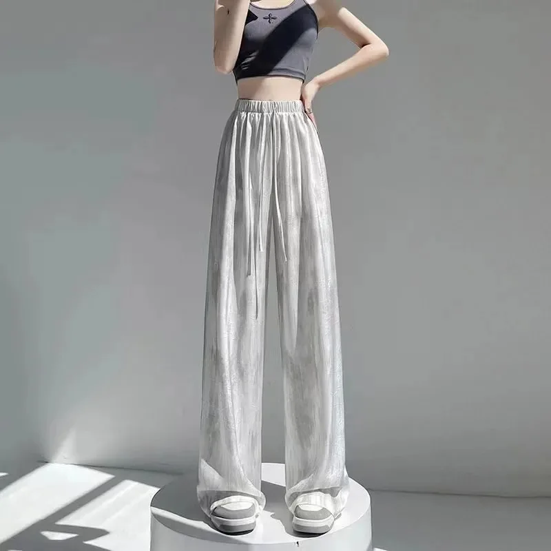 Women'S Summer Ice Silk Open-Crotch Pants Loose Straight Vertical Casual Acetate Satin Tie Dye Wide Leg Pants Soft For Women