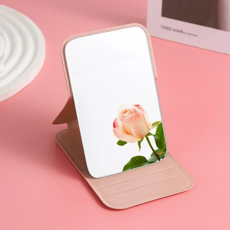 Portable Handheld Makeup Mirror Foldable Desktop Make Up Mirror Solid Color PU Leather Simple Student Compact Cute Pocket Mirror