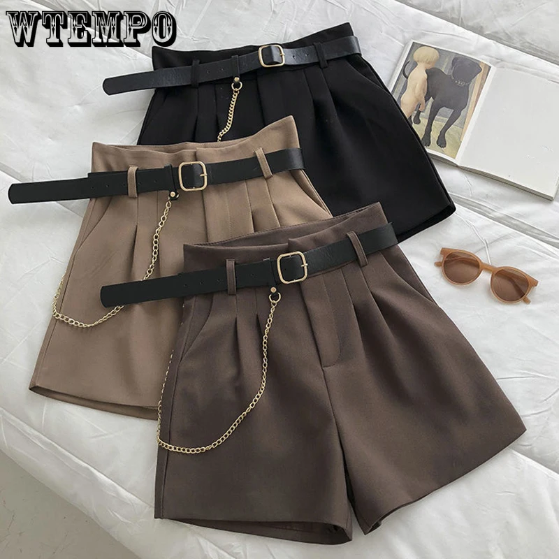 

WTEMPO Spring Fall Loose Casual Thin Solid Tailored Shorts Women New Fashion High Waist A-line Wide Leg Short Pants with Belt