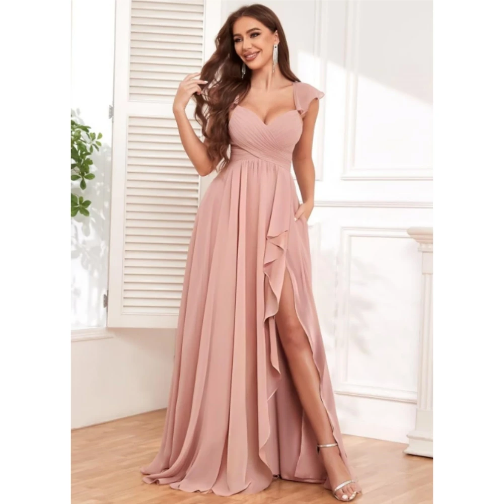 Sweetheart chiffon bruidsmeisjesjurken voor dames ruches geplooide formele galajurk lange avondjurk met zijsplitten en zakken