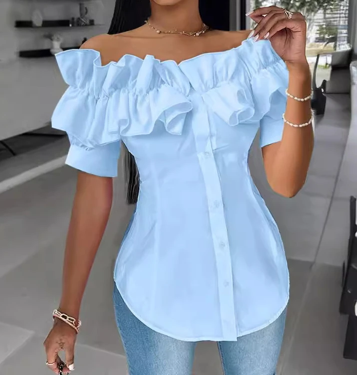 Fashion Womens Blouses 2024 Summer Buttoned Ruffles Asymmetrical Hem Off The Shoulder Top Casual Vacation White Shirt for Woman