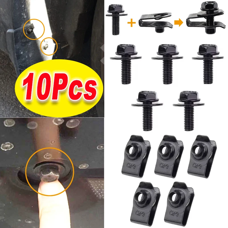 10PCS Bumper Bolts U-nut Clip Combination Set Fender Retainer Push Rivets Hexagon Head Screws for Hood Chassis Splash Guards