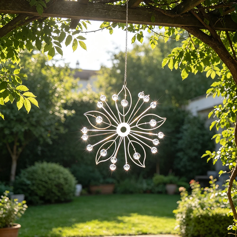 Stainless Steel Flower Dandelion Crystal Suncatcher Hanging Ornament Prism Wind Chime Outdoor Garden Yard Window Decor, 33g