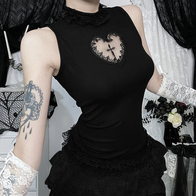 

American Summer Tanks Top Solid Basic Techwear Tops Women Mall Gothic Mesh Patchwork Cross Vest Sleeveless T-shirt Alt Clothing