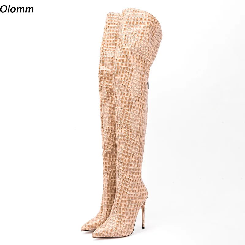Olomm 2022 Fashion Women Winter Over Knee Boots Stiletto Heel Back Zipper Pointed Toe Gorgeous Apricot Shoes Ladies US Size 5-15
