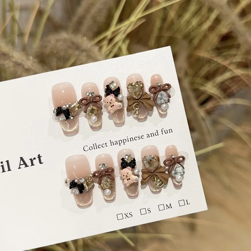 

10 Pieces Autumn and Winter Brown Series Bears Handmade Press On Nails Champagne Diamond Bow Fake Nails Removable and Reusable