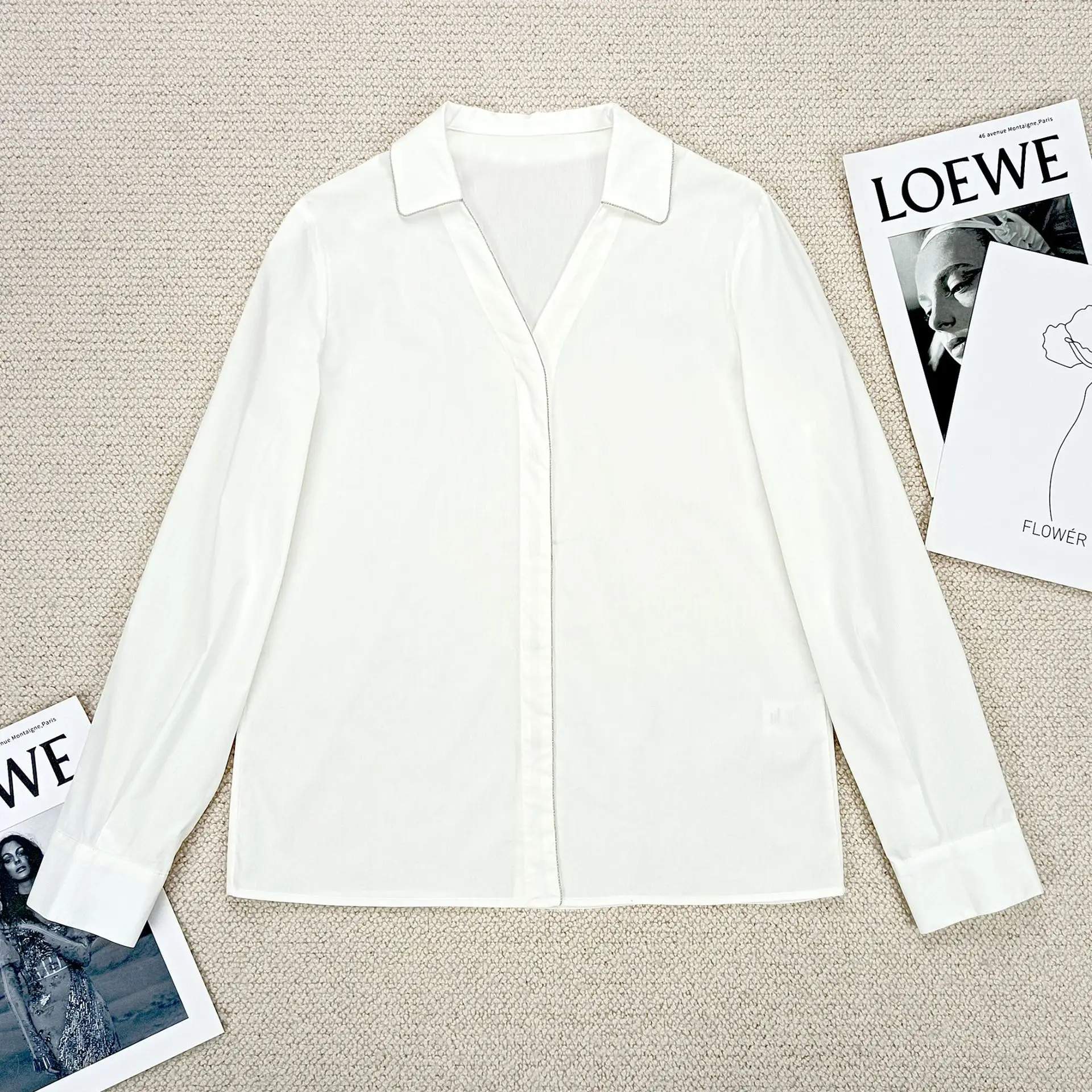 

Shiny Metal Hidden Button Cardigan, Long-Sleeved Shirt, European and American, Light Luxury, White, Spring, New, 2024