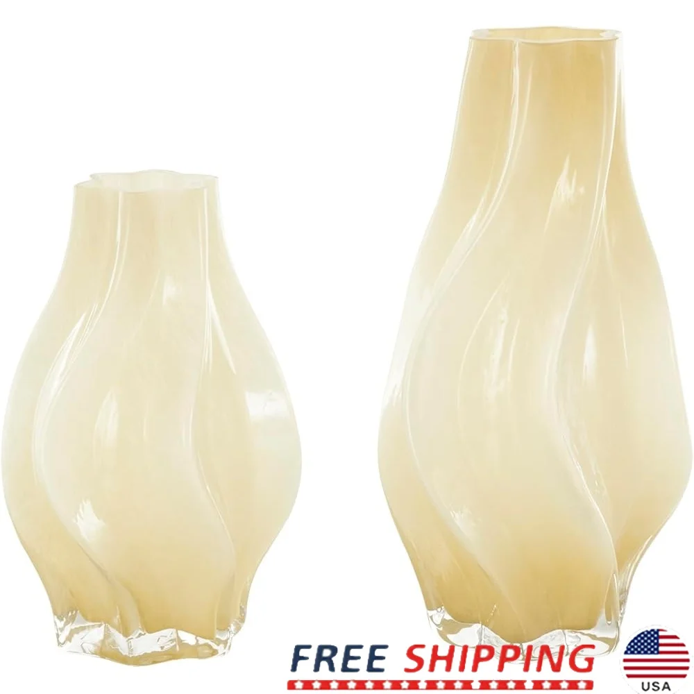 

Modern Glass Decorative Vases Set of 2 Wavy Ombre Yellow Centerpiece Flower Vases Home Decoration Stylish Accent