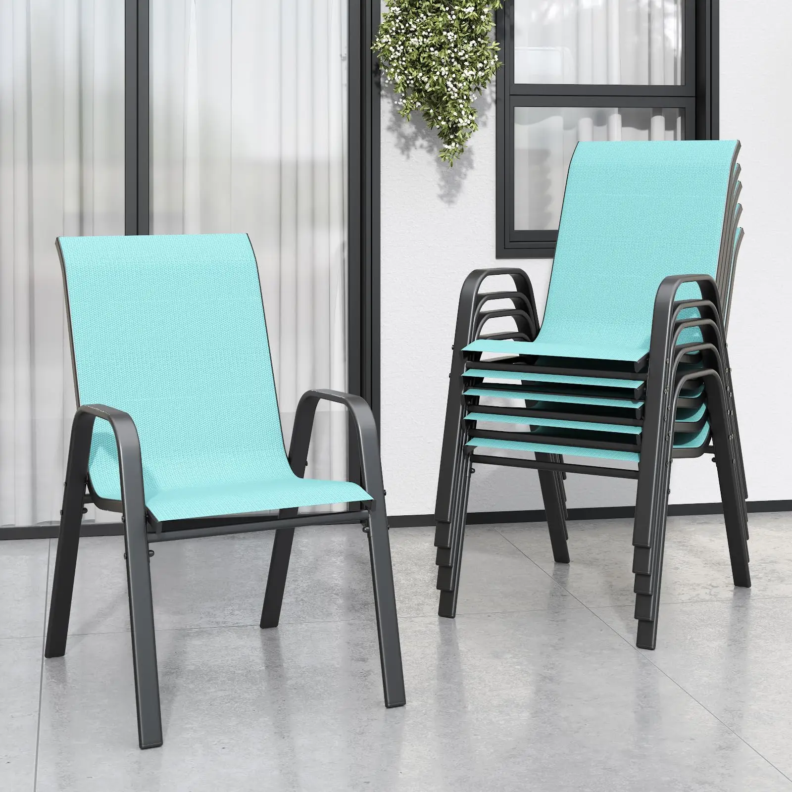Patio Chairs Set of 6, Stackable Outdoor Dining Chairs for All Weather Textilene Fabric & Metal Frame, Outdoor Chairs