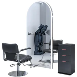 Hair Salon Single-Sided Mirror Barber Shop Dressing Table for Hair Salon Floor Mirror with Lamp Wall Mounted