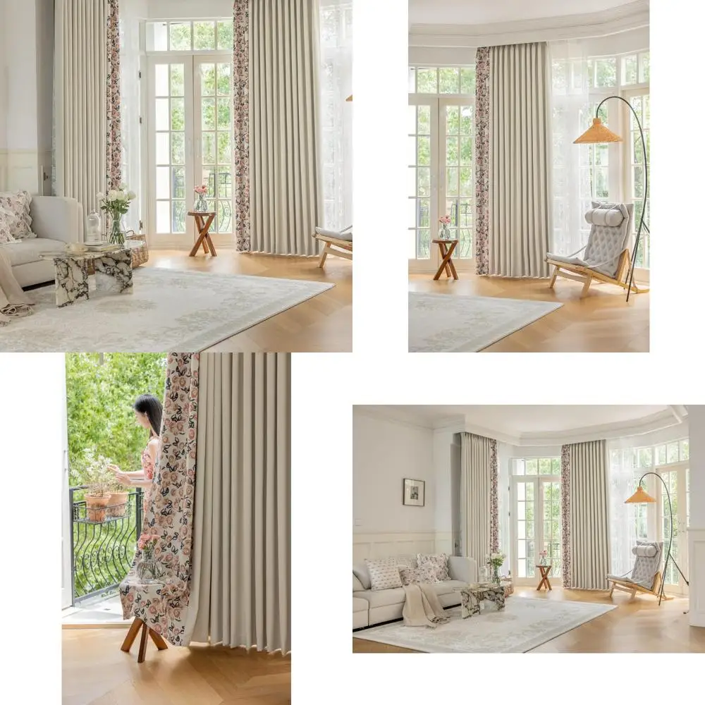 Room Darkening Chenille Brown Patchwork Flower Printed Grommet Curtains, 52x54 Inches, Living Room Blackout Panels with Flower P