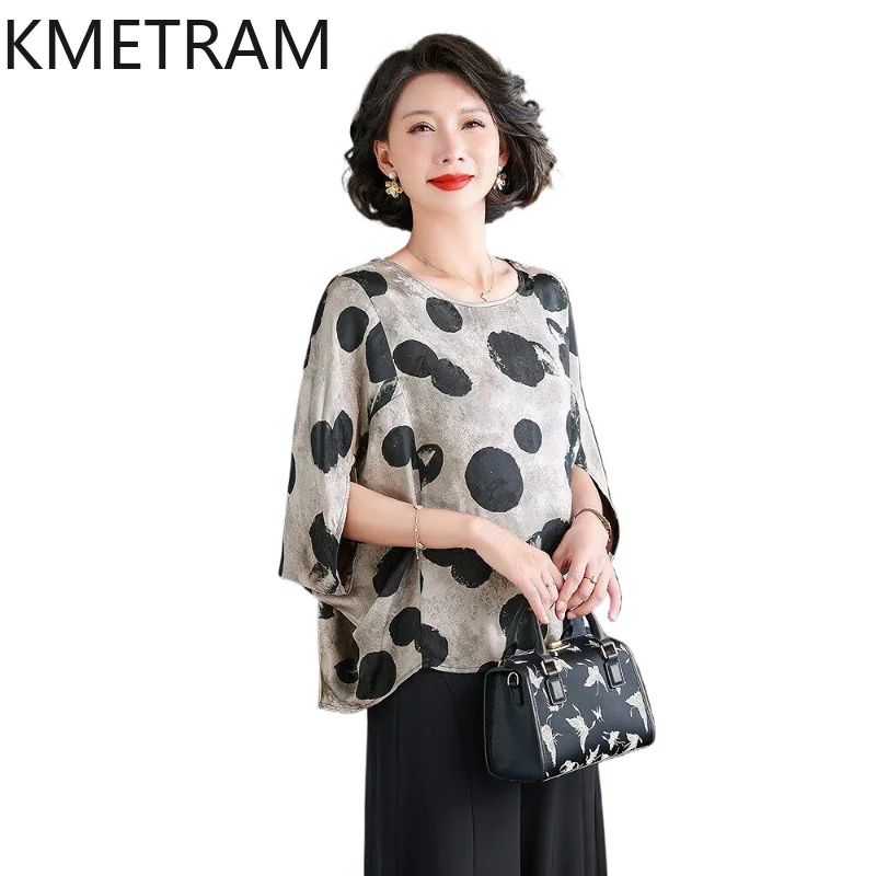 KMETRAM 90% Mulberry Silk Women Blouse 2026 Spring Loose Plus Size Polka Dot Pattern Half-sleeve Shirts Woman Clothes Ropa Mujer
