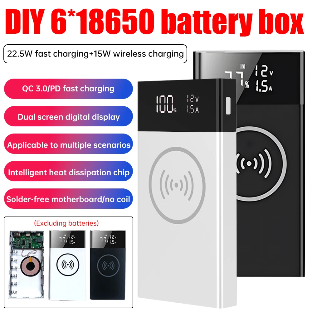 

6*18650 Battery Power Bank Case No Battery Mobile Phone Fast Charging 22.5W QC3.0 PD3.0 Type C Wireless Charger Storage Box