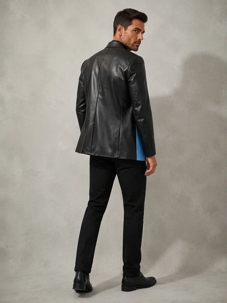 Men's Color Block Faux Leather Blazer Notch Lapel Single Button Slim Fit Suit Jacket Nightclub Party Formal Casual Business Coat