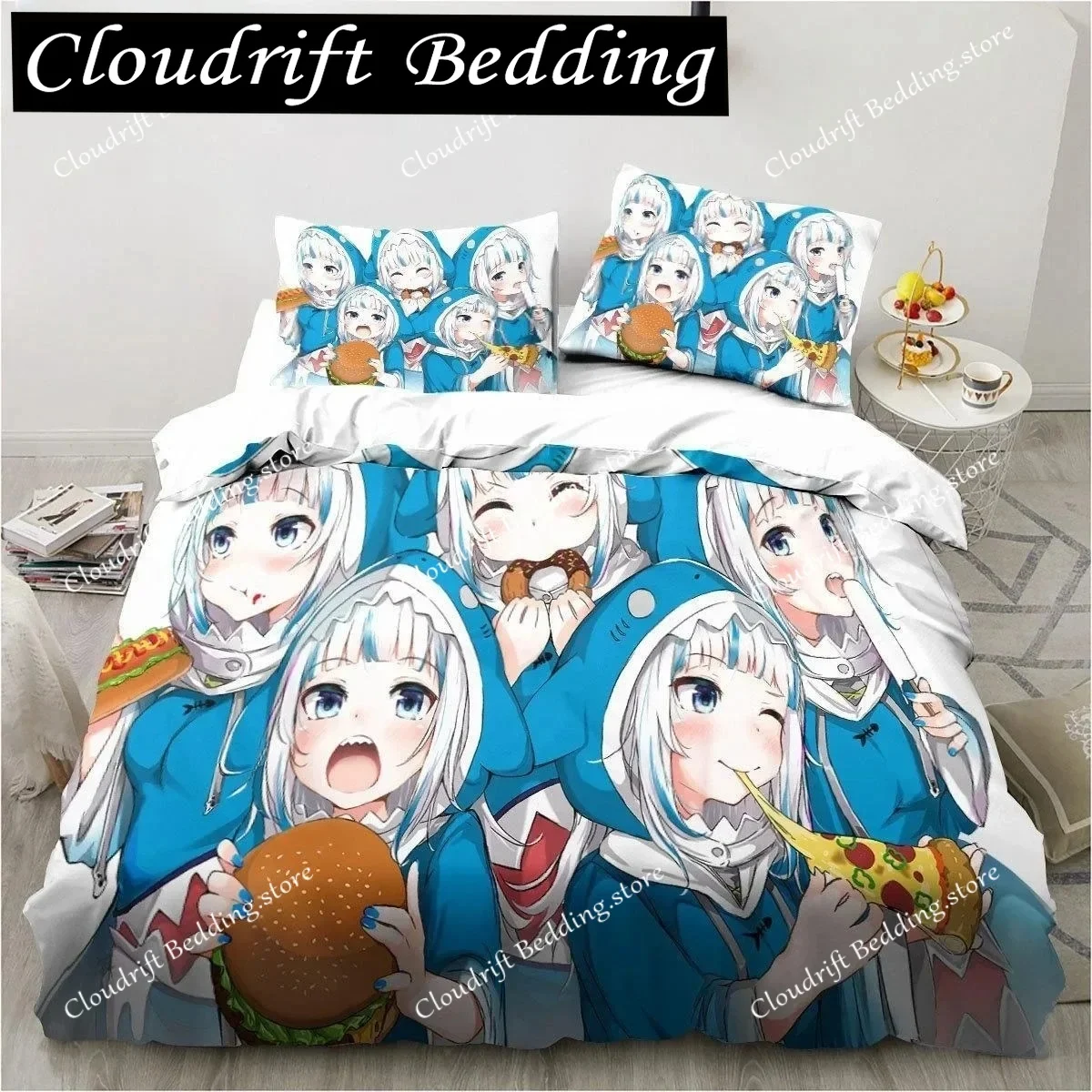 Kawaii Gawr Gura Cute Girl My Angle King Twin Double Child Bedding Set Microfiber or Polyester 3D Print Anime Duvet Cover Set