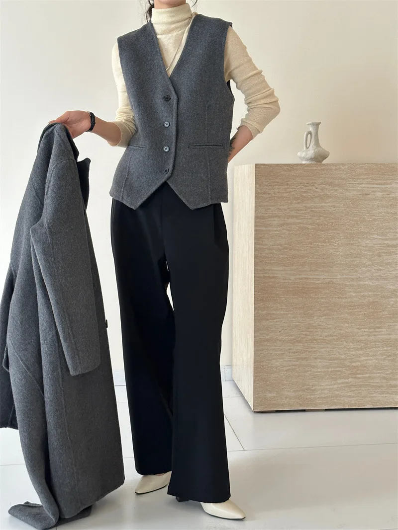 AI NI YA طوق مزدوج الصدر معطف صوفي على الوجهين سترة قطعتين معطف نسائي غير رسمي دافئ للخريف والشتاء