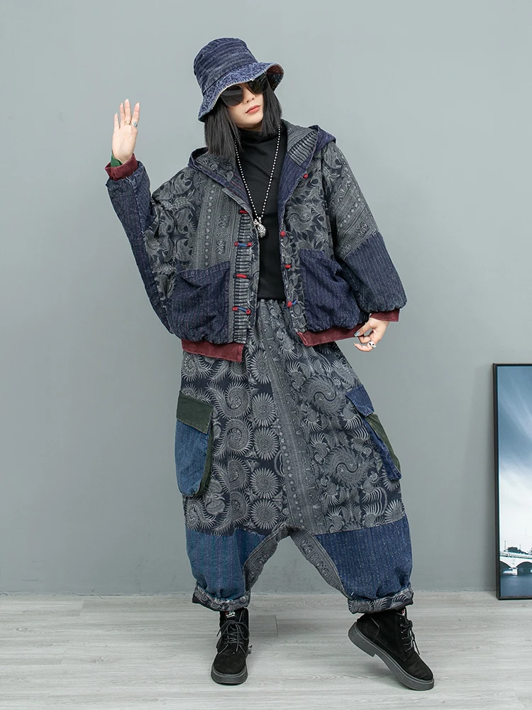 Printed Linen Patchwork Hooded Cardigan Cotton Jacket + Cotton Pants Two-piece Set Women Winter Fashion Matching Pant Set ZF365