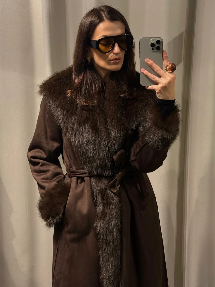 Módní oboustranný dlouhý kabát z umělé kožešiny s páskem pro ženy, ležérní teplý kabát s dlouhým rukávem, dámský zimní streetwear 2025 - náhled 4