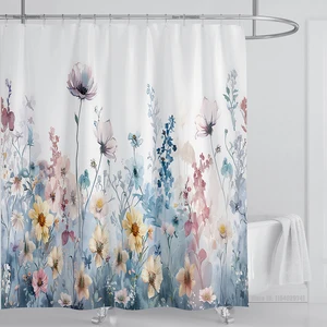 水彩葉のシャワーカーテンセット防水植物花柄のシャワーカーテンの葉の布布布のバスルームカーテンとフック付き 8ベストセールスシャワーカーテンセット-8