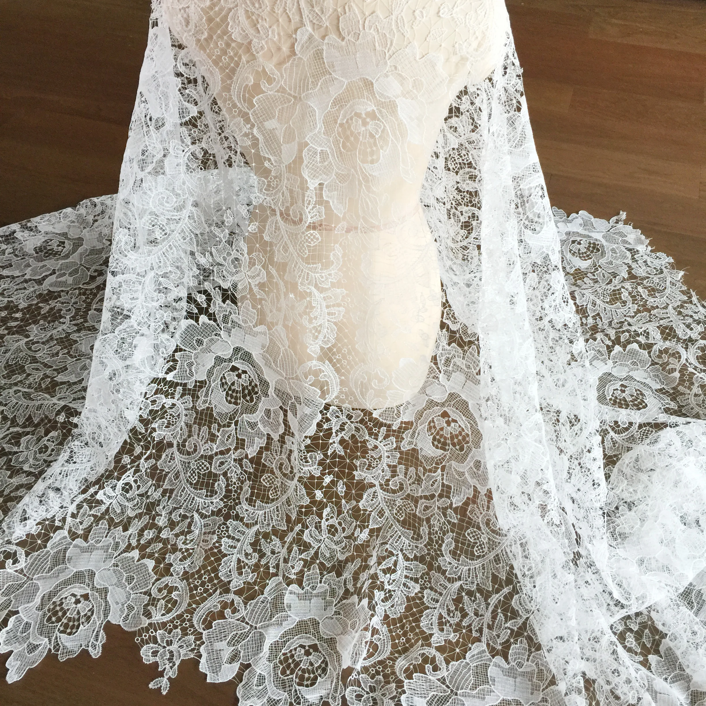 1 Yard Ivory Exquisite Alencon Lace Fabric with Crochet Pattern Floral Emrboidery Fabric for Wedding Gown, Lace Caps