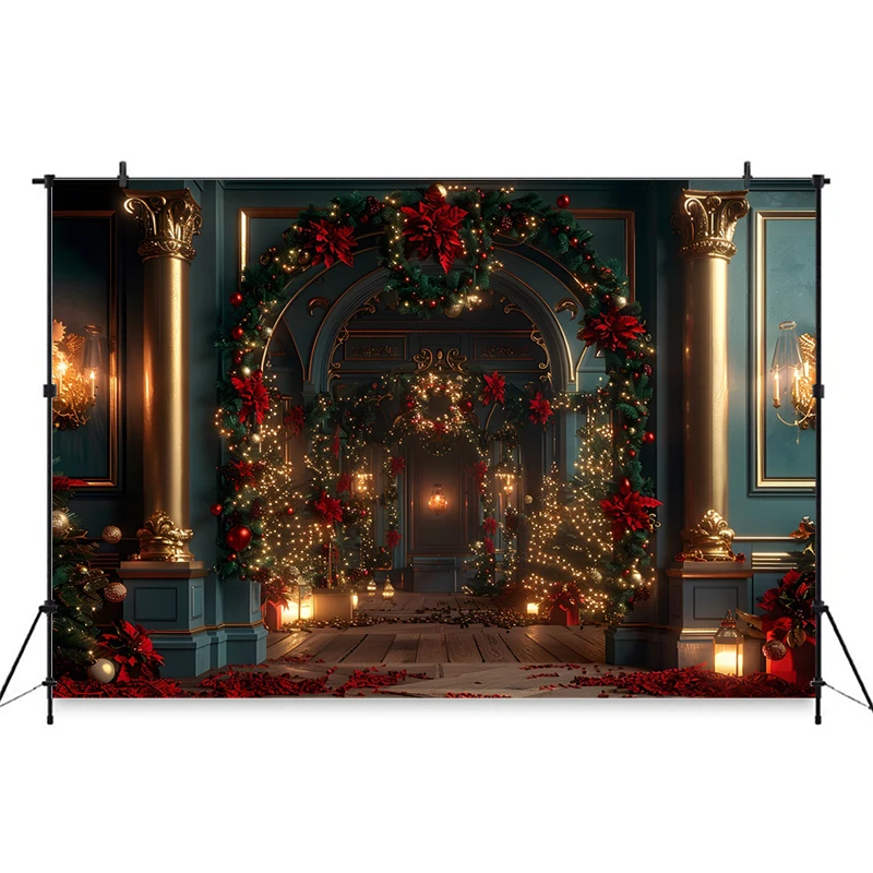 Mocsicka Christmas Palace Backdrop Photography Retro Golden Room Decoration Tree Stand Wedding Background Wallpaper Photobooth