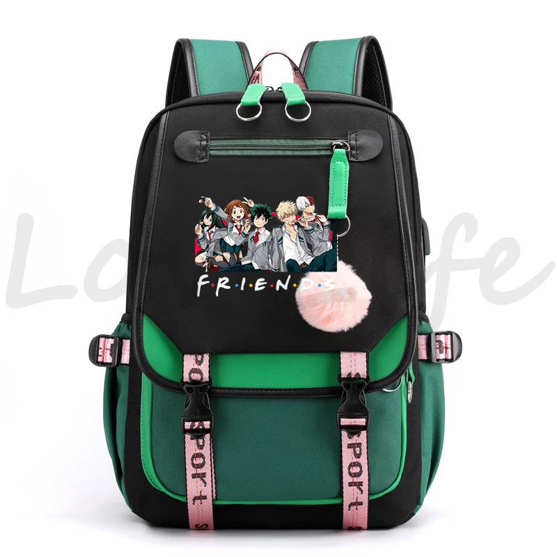 My Hero Academia Friends Print zaino Usb zainetto da viaggio femminile zaino Anime Boku No Hero Academia School Bag per adolescenti