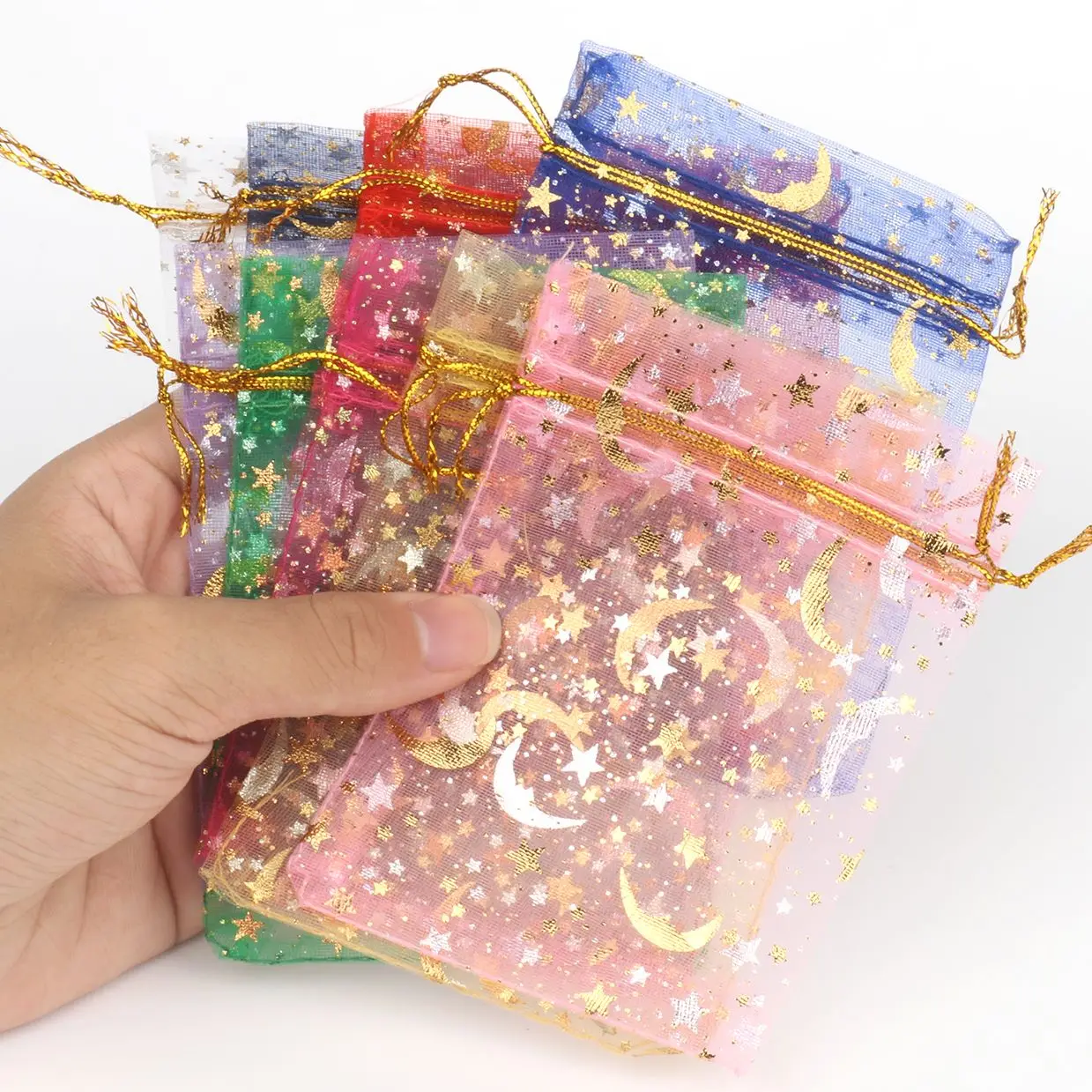 50pcs/lot Jewelry Packaging Moon Star Drawstring Organza Bags Party Goodie Packing Bags Wedding Candy Gifts Pouches Wholesale