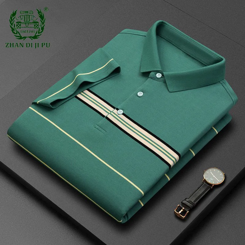 2022 Summer Brand Business Polo Shirts Middle Aged Mens Fashion Casual Lapel Stripe Mercerized Cotton Short Sleeve T-Shirt Male