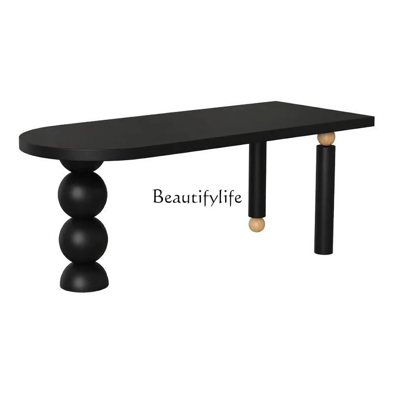 

Nordic style pure solid wood semi-round dining table retro rectangular black French dining table