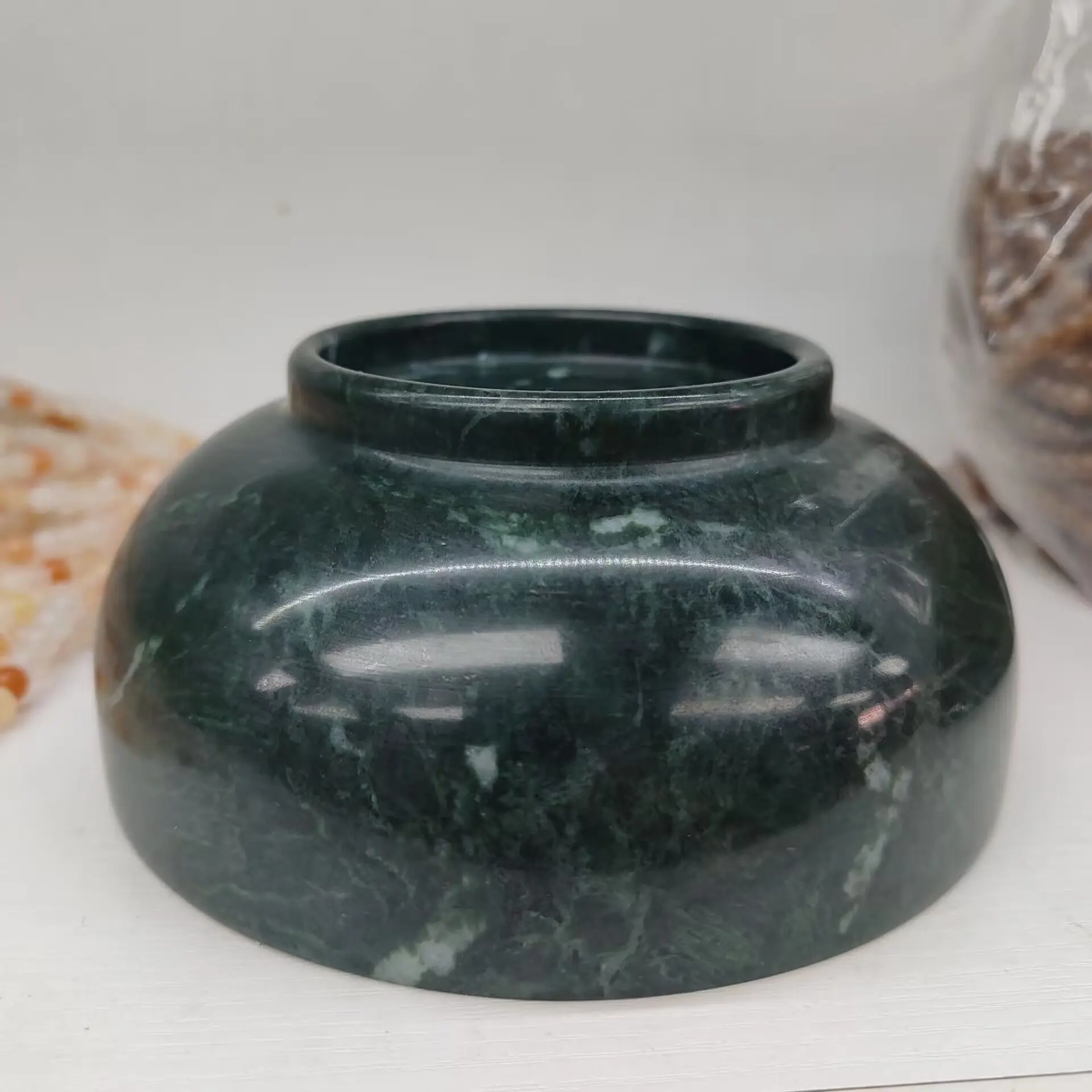 15cm Natural Green Jade Tea Cup Stone Bowl Genuine Tibetan Medicine King Stone Magnetic Jade Rice Bowl