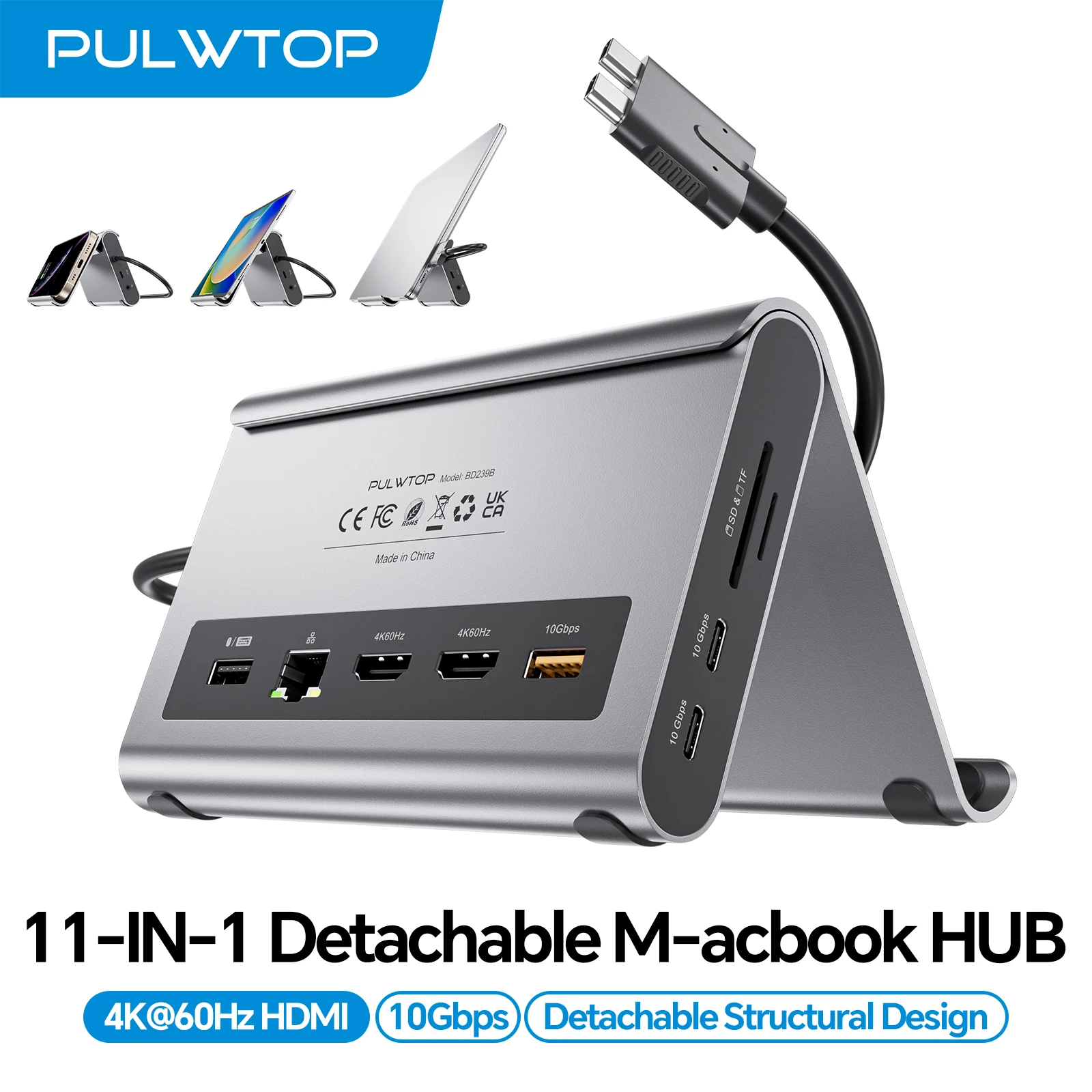 

Док-станция PULWTOP USB C с 2 портами HDMI, PD, Ethernet, USB A/C 10 Гбит/с, аудио, SD/TF, USB 2.0 для MacBook Pro/Air M3/M4/M5