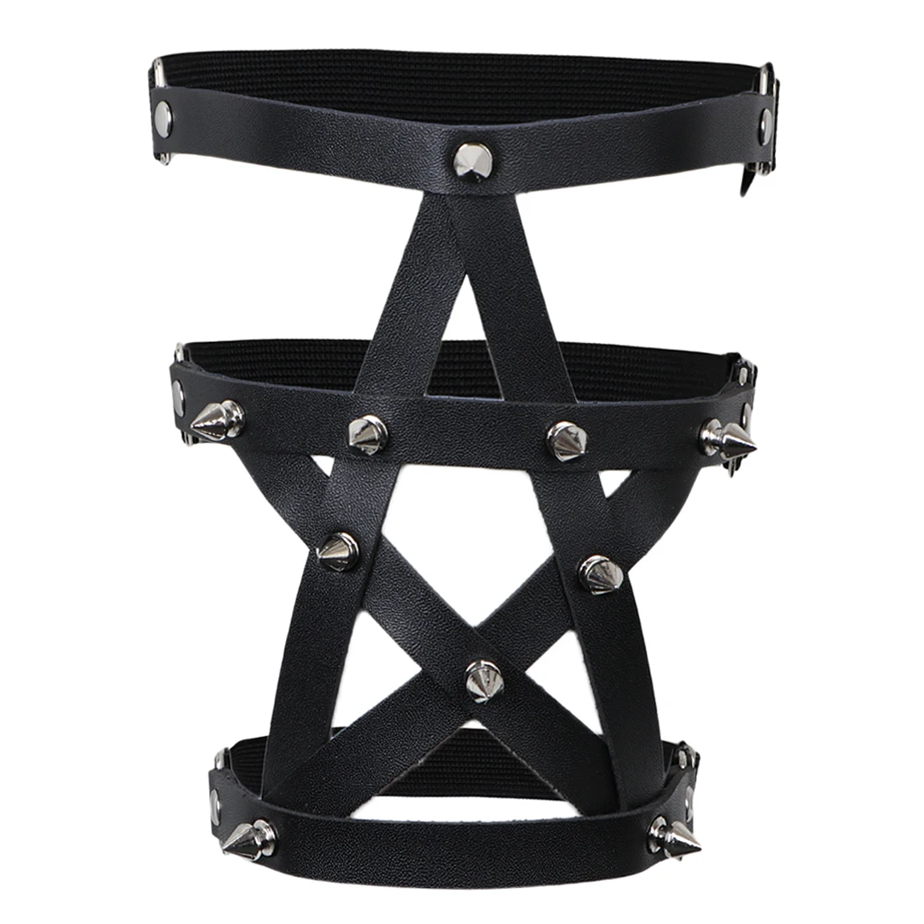 

Adjustable 3 Rows Leather Leg Garter Belt Punk Gothic Rivet Stud Thigh Ring Garter Harness Star Pentagram Shape