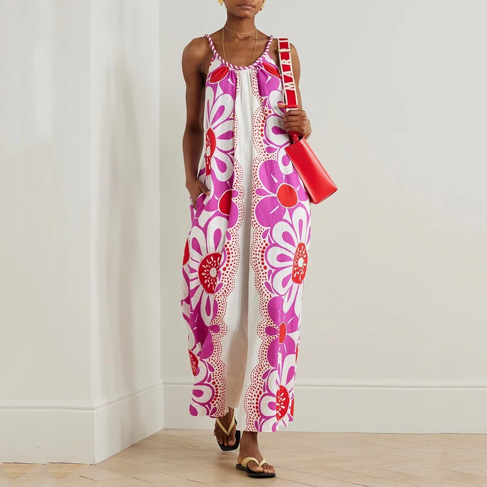 

Women's Floral Printed Cotton Linen Blend Jumpsuit Y2K Woven Straps Elegant Commuter One-Piece Pants New Summer 2024 Trendy