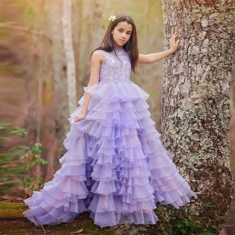 Tulle Lace Printing Sleeveless Layered Princess Flower Girl Dresses Wedding Party Ball First Communion Dresses Birthday Present