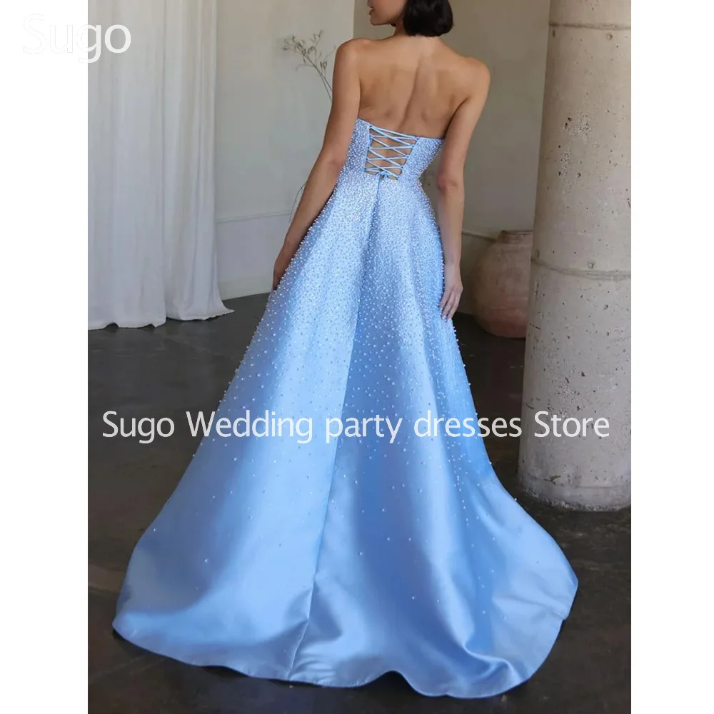 Customized Luxury Beads Blue Long Evening Dresses for Special Occasions Satin Floor-Length A-Line Women Prom Party Gowns 2026