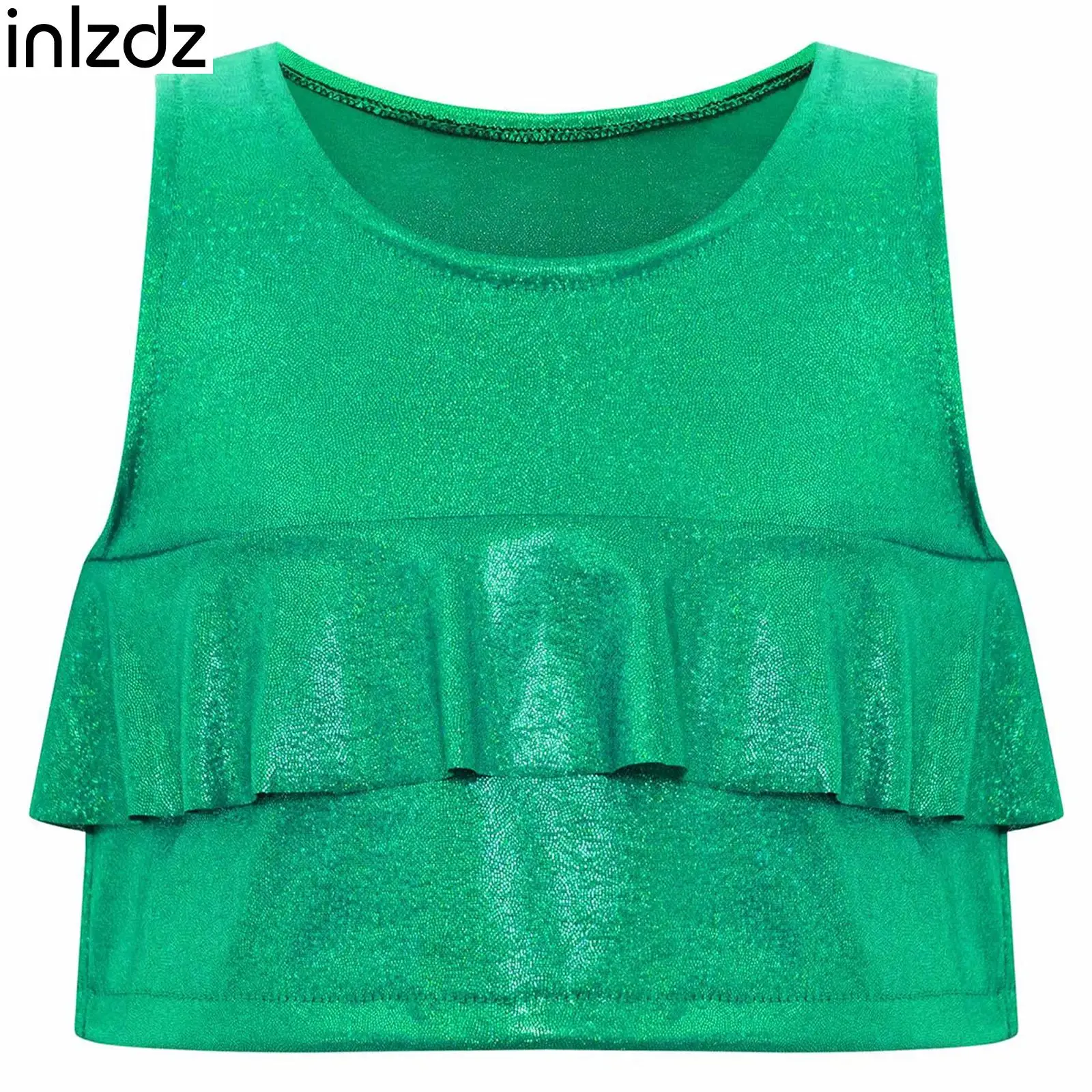 Kind Mädchen Rüschen Metallic Weste Crop Top Ärmellose Tank Tops für Cheerleading Jazz Dance Bühne Show Performance Gymnastik