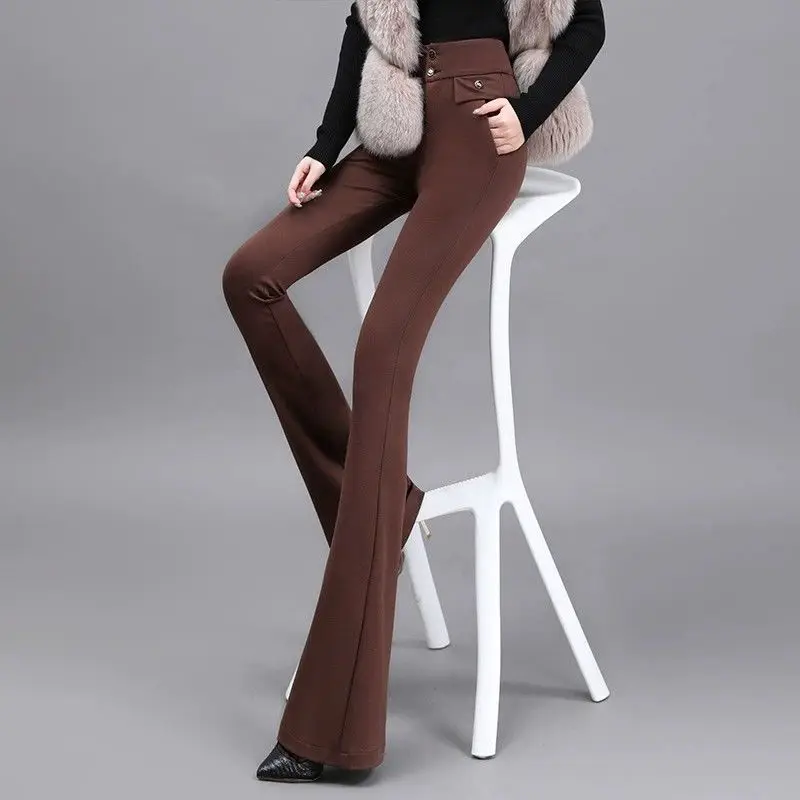 Autumn Winter Solid Color Fashion Flared Pants Women High Street Slim High Waist Zipper Button Pockets Plus Velvet Warm Trousers