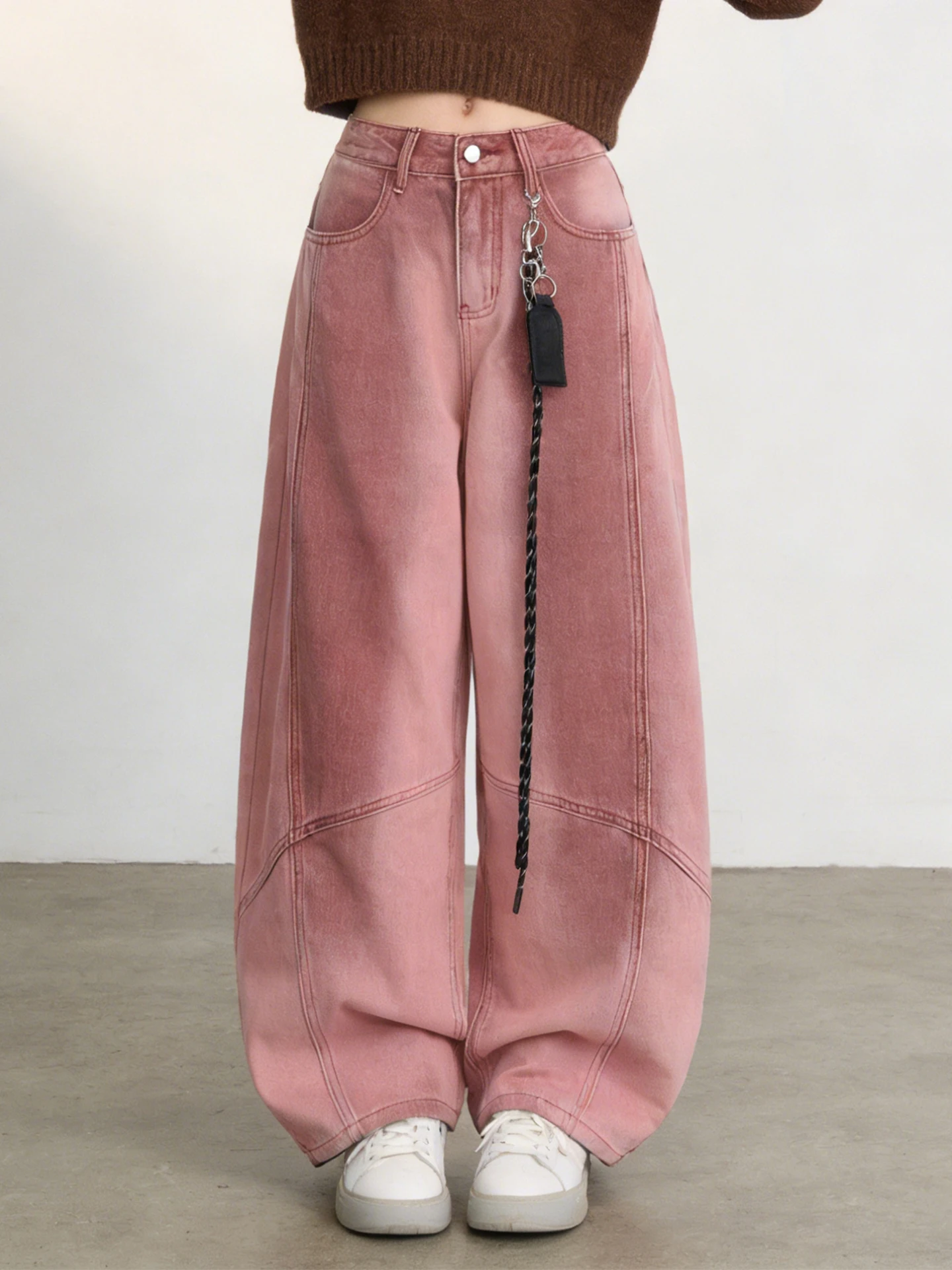 

Повседневные свободные джинсы с широкими штанинами для женщин больших размеров, винтажные, розовые, в американском ретро-стиле, с высокой талией, из смесового хлопка