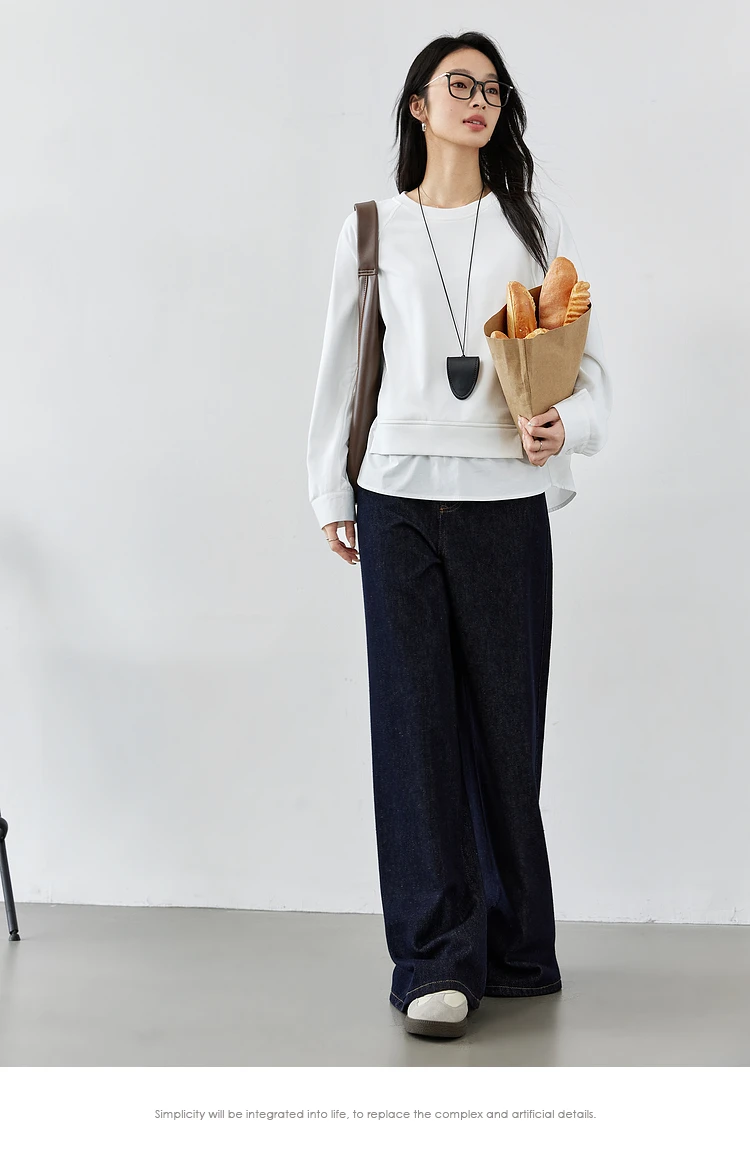 VIMLY White Sweatshirt Woman Long Sleeve Tops Hem Splicing 2025 Spring Autumn Cotton Loose Crew Neck Top Female Clothes A0308