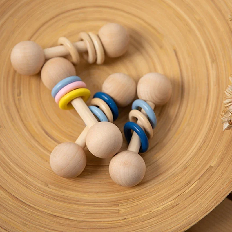 1Pcs Baby Teether Toys Beech Wooden Rattle Wood Teething Rodent Ring Silicone Beads Baby Soothing Teeth Grinding Stick