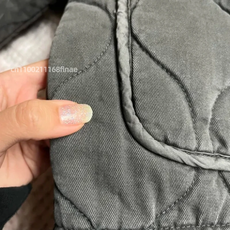 Jaqueta de algodão estilo europeu e americano com gola alta e bolsos soltos, jaqueta de algodão com grade de diamante para mulheres