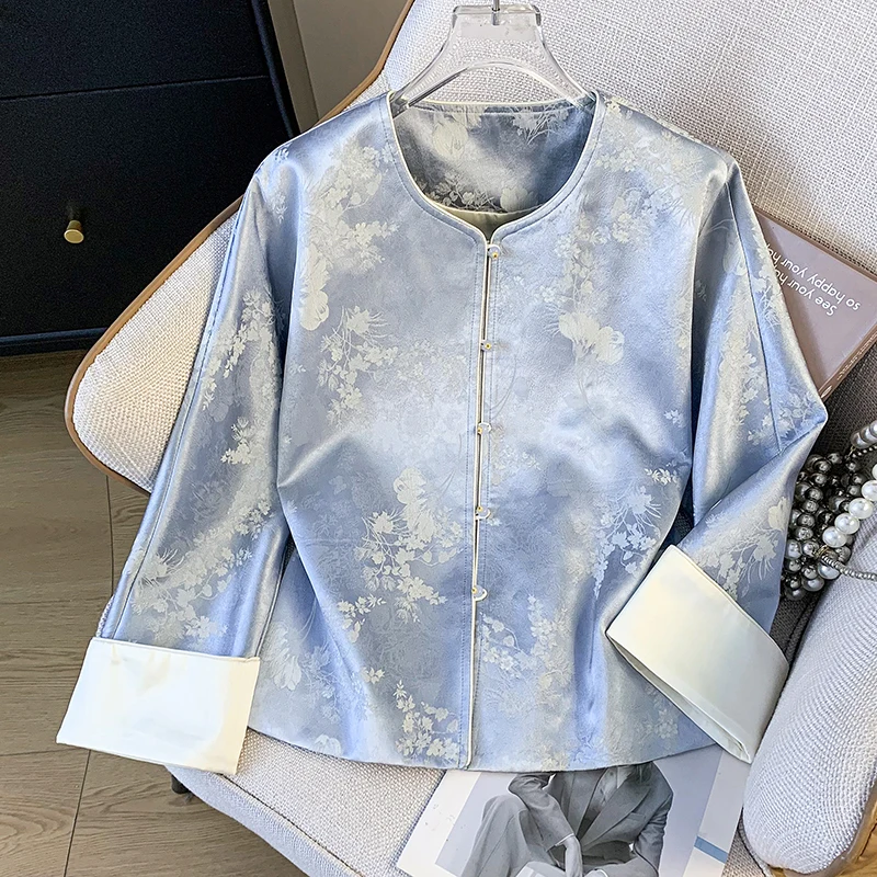 

New Chinese Style Retro Ethnic Heavy Embroidery Patchwork round Neck Silk Satin Long Sleeve Top Women's Fashion Premium Quality