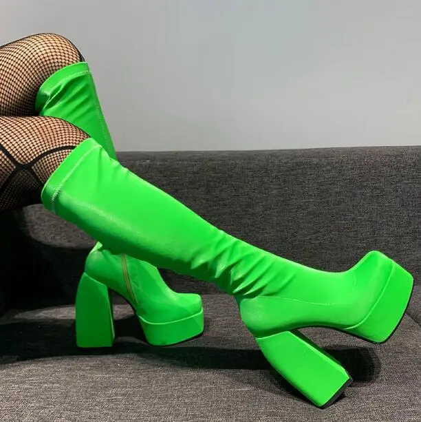 Stivali alti al ginocchio con punta quadrata arancione verde fluorescente donna tacchi spessi elastici sottili Muffin scarpe con plateau con fondo