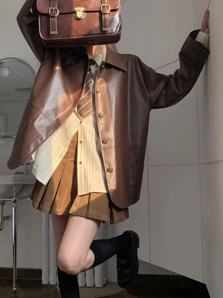 Bruin PU-leer Jaet Dames Casual Bovenkleding Lente Herfst 2024 Nieuwe middellange losse pasvorm Kraag Lange Sve-jas