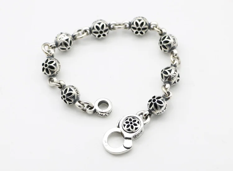 Punk Personalized Korean Version Vintage Thai Silver Ball Hollow Sakura Hand Chain Male 925 Sterling Silver Bracelet Trendy Silv