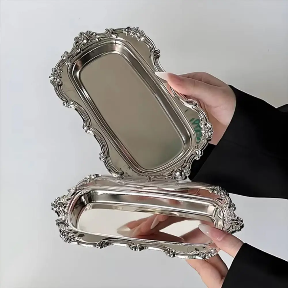 European Style Vintage Embossed Tray Embossed Design Gold/Silver Retro Serving Platter Stainless Steel Save Space Desserts Plate
