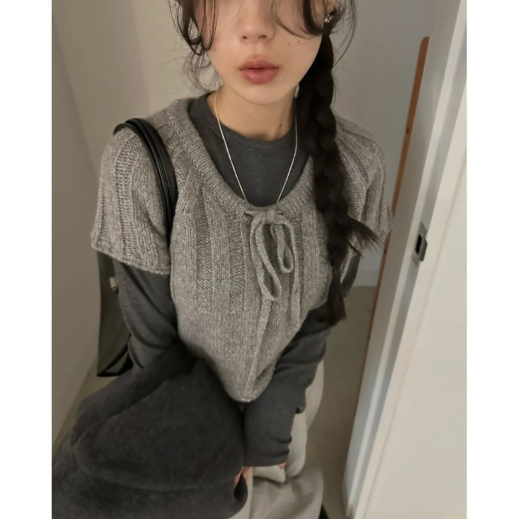 

Korean Sle Dstring Knot ort Sve Knitted Sweater Women's Casual Faionable Knot Overhead Top Streetwear